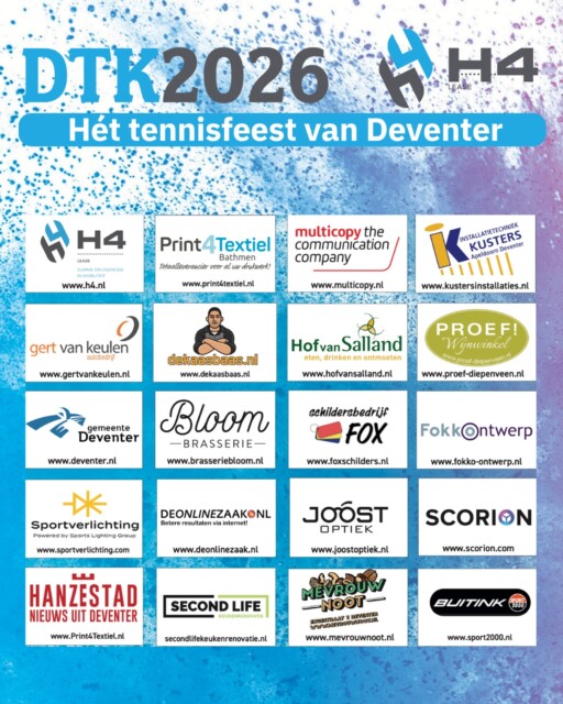 💙 Zonder sponsoren geen DTK! 💙

Een week lang tennis, ruim 600 deelnemers, honderden wedstrijden, een geweldig feestweekend en vooral héél veel gezelligheid. Dat kunnen we natuurlijk niet alleen. Daarom: een dikke shout-out naar alle sponsoren die het H4 Lease Deventer Tennis Kampioenschappen 2026 mede mogelijk hebben gemaakt! 🙌

En omdat sponsoren er niet alleen zijn om op een bordje te staan: maak vooral gebruik van ze! 😄👇

🚗 Zakelijk een nieuwe auto leasen? → H4 Lease 👕 Bedrijfskleding laten bedrukken? → Print4Textiel 🖨️ Print- of communicatiewerk? → Multicopy Deventer 🔧 Problemen met de CV? → Kusters Installatietechniek 🚘 Auto toe aan onderhoud? → Gert van Keulen Autobedrijf 🧀 Zin in goede kaas? → De Kaasbaas 🍽️ Lekker eten, drinken of een feestje? → Hof van Salland 🍷 Een goede fles wijn nodig? → PROEF! Wijnwinkel 🏙️ En natuurlijk onze mooie stad → Gemeente Deventer 🥂 Tijd voor lunch, borrel of diner? → Brasserie Bloom 🎨 Schilderwerk te doen? → Schildersbedrijf Fox ✏️ Een sterk ontwerp nodig? → Fokko Ontwerp 💡 Verlichting nodig op een (sport)veld? → Sportverlichting 💻 Online beter gevonden worden? → De Online Zaak 👓 Toe aan een nieuwe bril? → Joost Optiek 📊 Digitaal leren, beoordelen en ontwikkelen? → Scorion 📰 Op de hoogte blijven? → Hanzestad Nieuws uit Deventer 🍳 Je keuken een tweede leven? → Second Life Keukenrenovatie 🥜 Trek in lekkere noten? → Mevrouw Noot 🎾 En natuurlijk voor je sportspullen → Buitink Sport 2000

Kortom: genoeg reden om lokaal te shoppen, eten, drinken, rijden, verbouwen, sporten én ondernemen. 😉

Namens de hele DTK-organisatie: ontzettend bedankt voor jullie bijdrage aan DTK 2026! Zonder jullie geen DTK. 💙🎾

#deventertennis #dtk2026 #h4lease #deventer #sponsoren