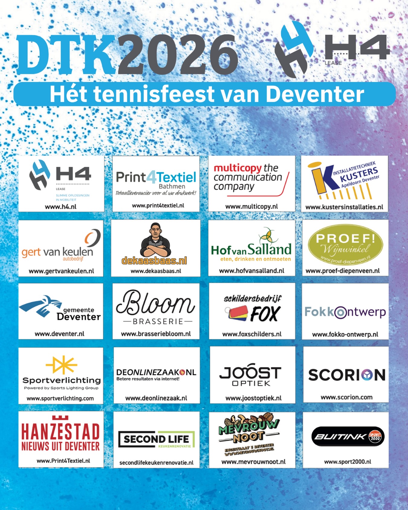 💙 Zonder sponsoren geen DTK! 💙

Een week lang tennis, ruim 600 deelnemers, honderden wedstrijden, een geweldig feestweekend en vooral héél veel gezelligheid. Dat kunnen we natuurlijk niet alleen. Daarom: een dikke shout-out naar alle sponsoren die het H4 Lease Deventer Tennis Kampioenschappen 2026 mede mogelijk hebben gemaakt! 🙌

En omdat sponsoren er niet alleen zijn om op een bordje te staan: maak vooral gebruik van ze! 😄👇

🚗 Zakelijk een nieuwe auto leasen? → H4 Lease 👕 Bedrijfskleding laten bedrukken? → Print4Textiel 🖨️ Print- of communicatiewerk? → Multicopy Deventer 🔧 Problemen met de CV? → Kusters Installatietechniek 🚘 Auto toe aan onderhoud? → Gert van Keulen Autobedrijf 🧀 Zin in goede kaas? → De Kaasbaas 🍽️ Lekker eten, drinken of een feestje? → Hof van Salland 🍷 Een goede fles wijn nodig? → PROEF! Wijnwinkel 🏙️ En natuurlijk onze mooie stad → Gemeente Deventer 🥂 Tijd voor lunch, borrel of diner? → Brasserie Bloom 🎨 Schilderwerk te doen? → Schildersbedrijf Fox ✏️ Een sterk ontwerp nodig? → Fokko Ontwerp 💡 Verlichting nodig op een (sport)veld? → Sportverlichting 💻 Online beter gevonden worden? → De Online Zaak 👓 Toe aan een nieuwe bril? → Joost Optiek 📊 Digitaal leren, beoordelen en ontwikkelen? → Scorion 📰 Op de hoogte blijven? → Hanzestad Nieuws uit Deventer 🍳 Je keuken een tweede leven? → Second Life Keukenrenovatie 🥜 Trek in lekkere noten? → Mevrouw Noot 🎾 En natuurlijk voor je sportspullen → Buitink Sport 2000

Kortom: genoeg reden om lokaal te shoppen, eten, drinken, rijden, verbouwen, sporten én ondernemen. 😉

Namens de hele DTK-organisatie: ontzettend bedankt voor jullie bijdrage aan DTK 2026! Zonder jullie geen DTK. 💙🎾

#deventertennis #dtk2026 #h4lease #deventer #sponsoren