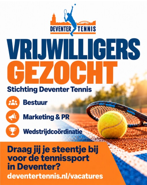 🎾 Help jij tennis in Deventer bloeien?
De 7 tennisclubs in de gemeente Deventer bundelen hun krachten. Samen willen we meer mensen de baan op krijgen, leuke tennisactiviteiten organiseren en onze verenigingen versterken. Daar kunnen we jouw hulp bij gebruiken!
Stichting Deventer Tennis zoekt vrijwilligers voor:
🤝 Het bestuur: voorzitter, secretaris en penningmeester
📣 Marketing & PR
🗓️ Wedstrijdcoördinatie
Heb jij hart voor tennis en wil je iets betekenen voor tennis in Deventer?
👉 Bekijk de vacatures op deventertennis.nl/vacatures en ontdek welke rol bij jou past.
Ken je iemand voor wie dit een mooie match is? Tag diegene hieronder of deel dit bericht!
#DeventerTennis #Deventer #Tennis #VrijwilligersGezocht #Vrijwilligerswerk
